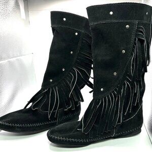 Minnetonka Black Fringe and Studded Moccasin Boots